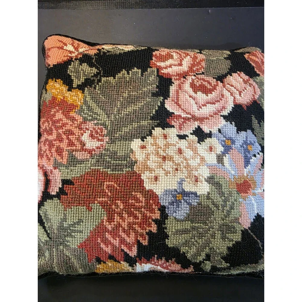 Vintage Needlepoint Small Accent Pillow Dogwood Floral Brown Velvet Back 10x7.5